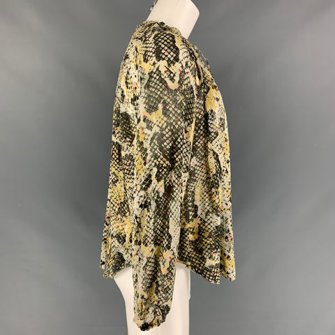 ISABEL MARANT Talla 4 Blusa extragrande de seda con estampado de piel de serpiente verde oliva y amarillo