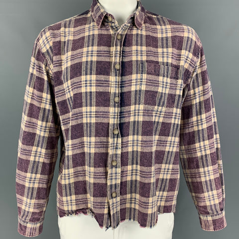 JOHN ELLIOTT Size M Purple Beige Plaid Cotton Cropped Long Sleeve Shirt