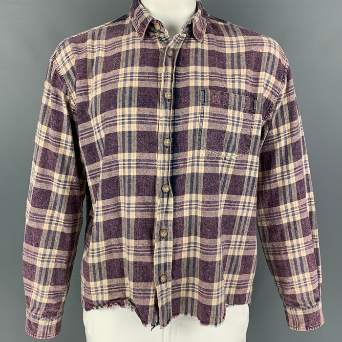 JOHN ELLIOTT Size M Purple Beige Plaid Cotton Cropped Long Sleeve Shirt