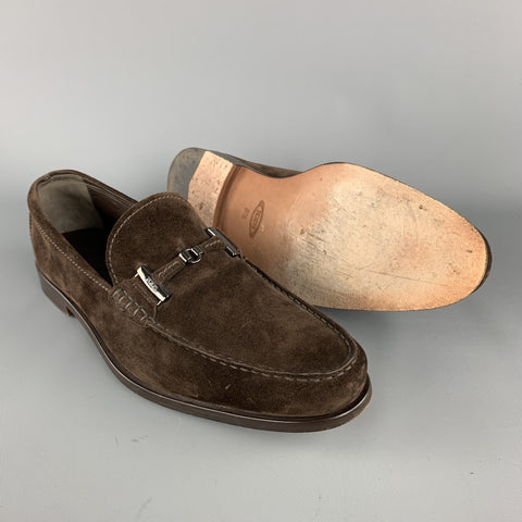 TOD'S Size 9.5 Brown Suede Metal Hardware Slip On Loafers