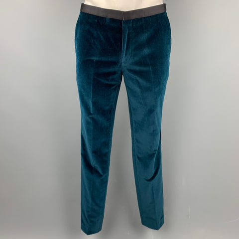 HUGO BOSS Size 40 Regular Teal Cotton Velvet Notch Lapel Tuxedo Suit
