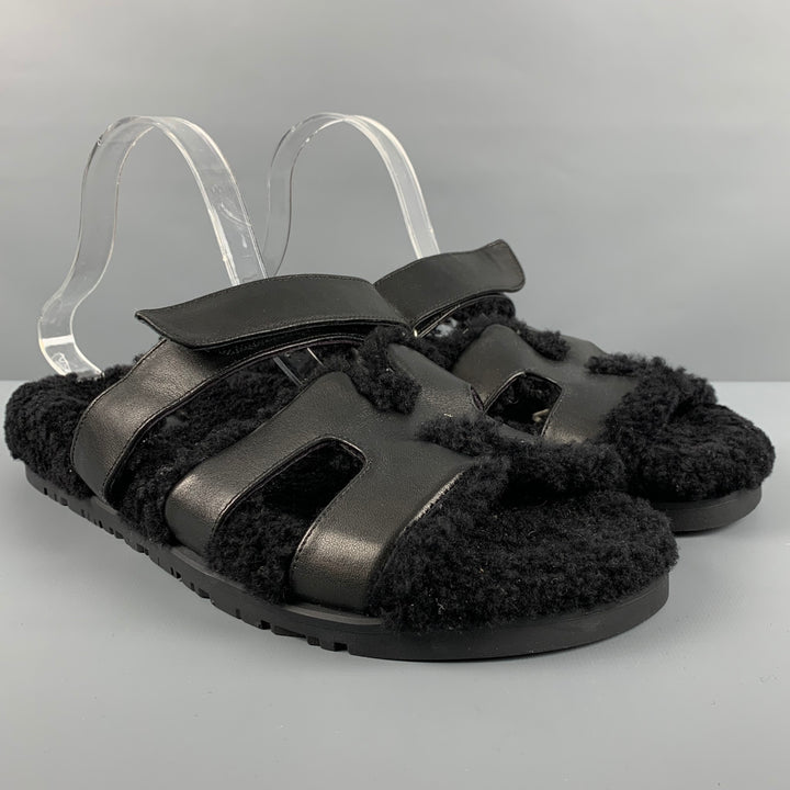 HERMES Size 9 Black Leather Sandals