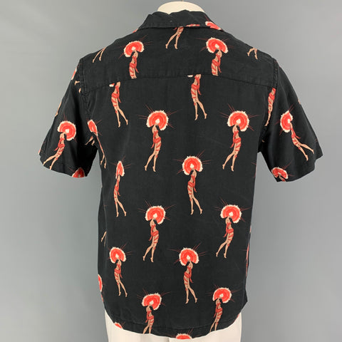 SATURDAYS NYC Size L Black Orange Erte Print Tencel Camp Short Sleeve Shirt