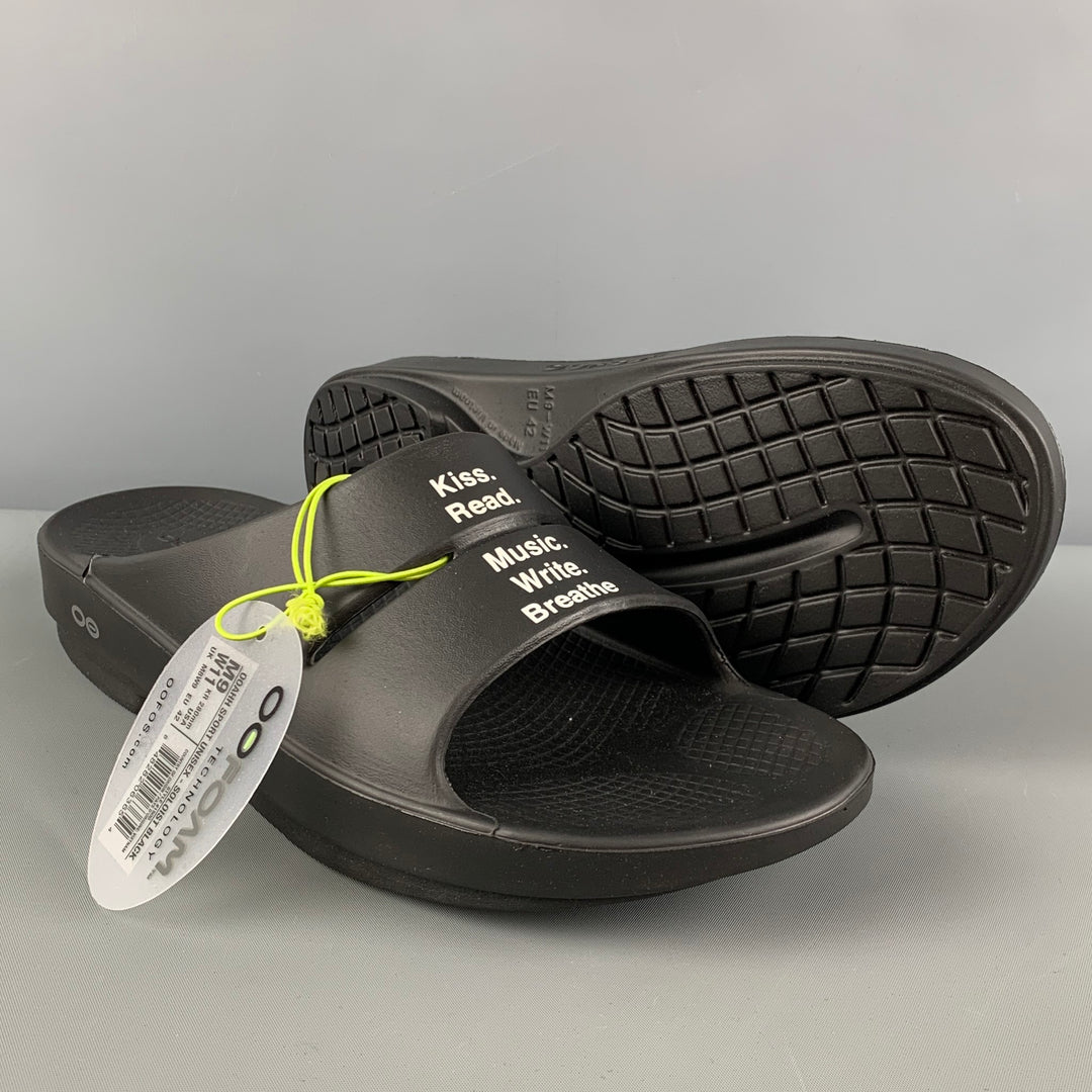 OOFOS for TAKAHIROMOIYASHITA Size 9 Black White Graphic Acetate Slip On Sandals