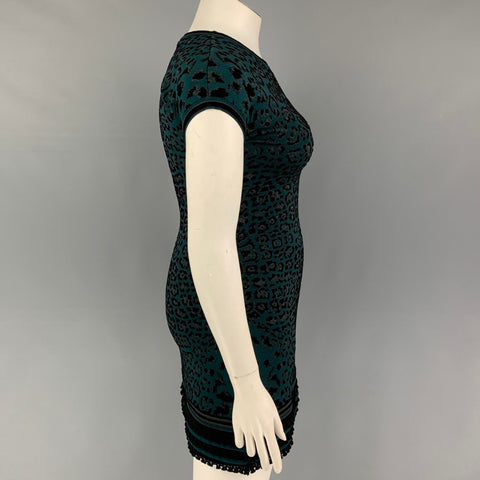 ROBERTO CAVALLI Size 8 Black Green Animal Print Viscose Blend Dress