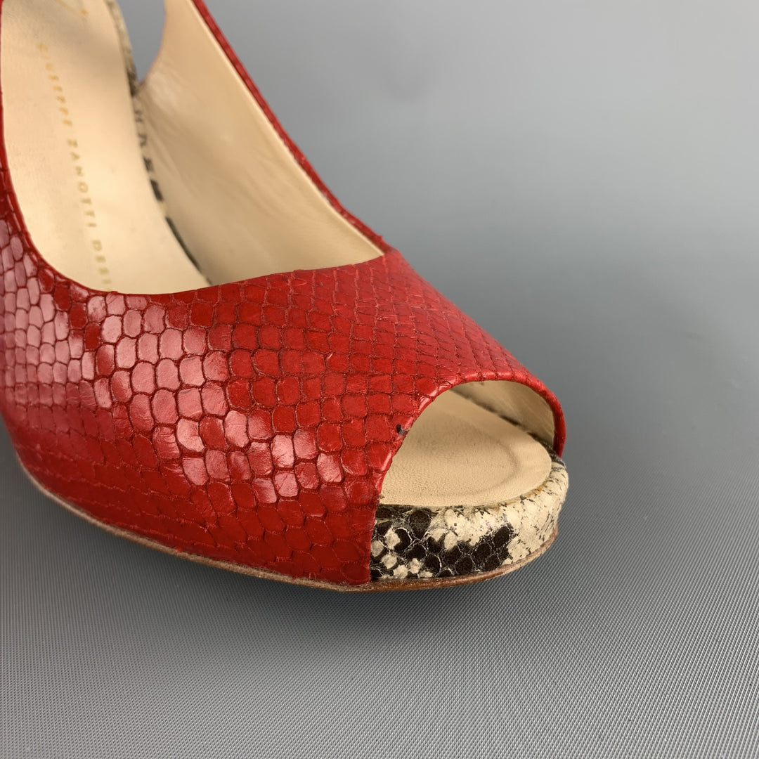 GIUSEPPE ZANOTTI Talla 8 Zapatos de tacón peep toe con tira trasera y piel de serpiente en rojo y beige