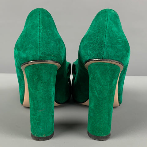 GUCCI GG Marmont 2.0 Size 7.5 Green Suede Fringe Chunky Heel Pumps