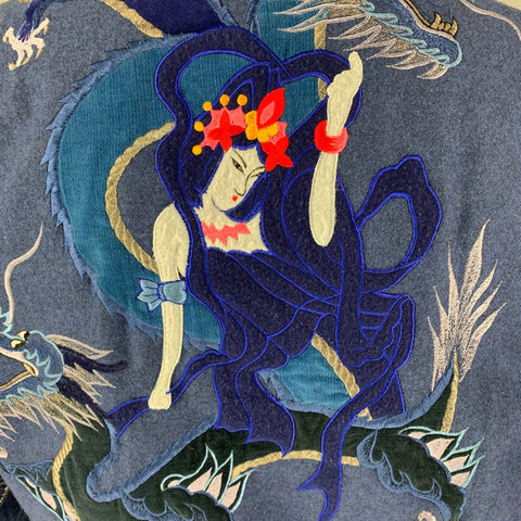 KANSAI YAMAMOTO Size L Blue Multicolour Dragon Embroidered MYSTICAL Wool &  Leather Jacket