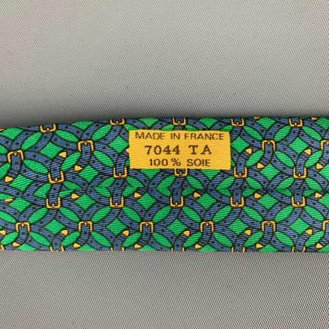 HERMES 7044 TA Green Blue Belt Buckle Print Silk Tie
