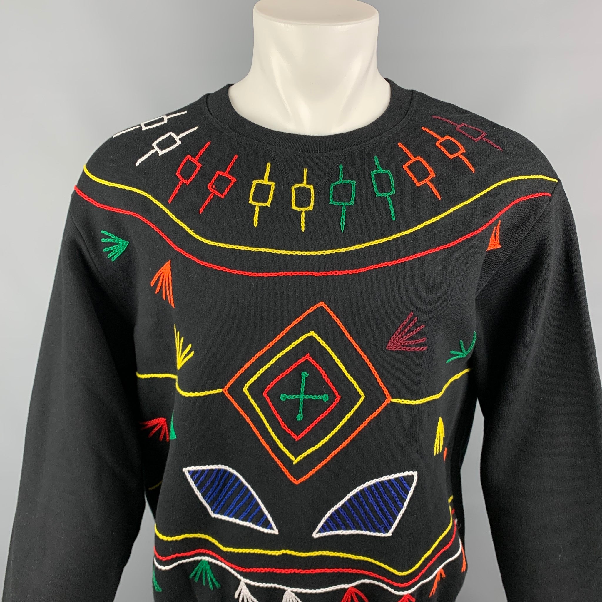 PRABAL GURUNG Size M Multi Color Geometric Embroidered Cotton Crew