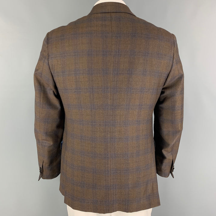 ISAIA Size 40 Brown Blue Plaid Wool Cashmere Single Breasted Sport Coat