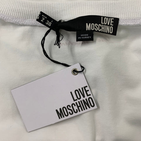 LOVE MOSCHINO Size 2 White Cotton / Elastane Black Graphic Rhinestones T-Shirt