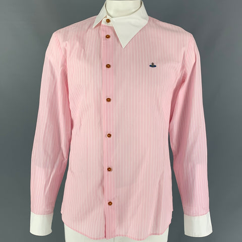 VIVIENNE WESTWOOD MAN Size L Pink White Stripe Cotton Asymmetrical Collar Long Sleeve Shirt