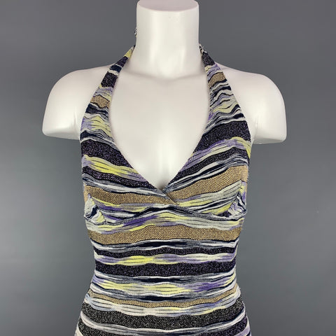MISSONI Mare Size 6 Purple & Gold Knitted Stripe Cotton Blend One Piece Swimsuit