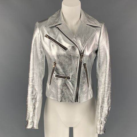 Chaqueta motera de cuero metalizado plateado talla S ALC