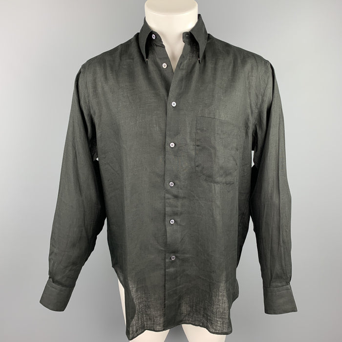 GIORGIO ARMANI Size S Black Linen Button Up Long Sleeve Shirt