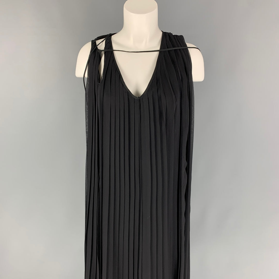 HUSSEIN CHALAYAN Size M Black Silk Pleated A-Line Dress Sui Generis Designer Consignment HUSSEIN CHALAYAN Size M Black Silk Pleated A-Line Dress Sui Generis Designer Consignment