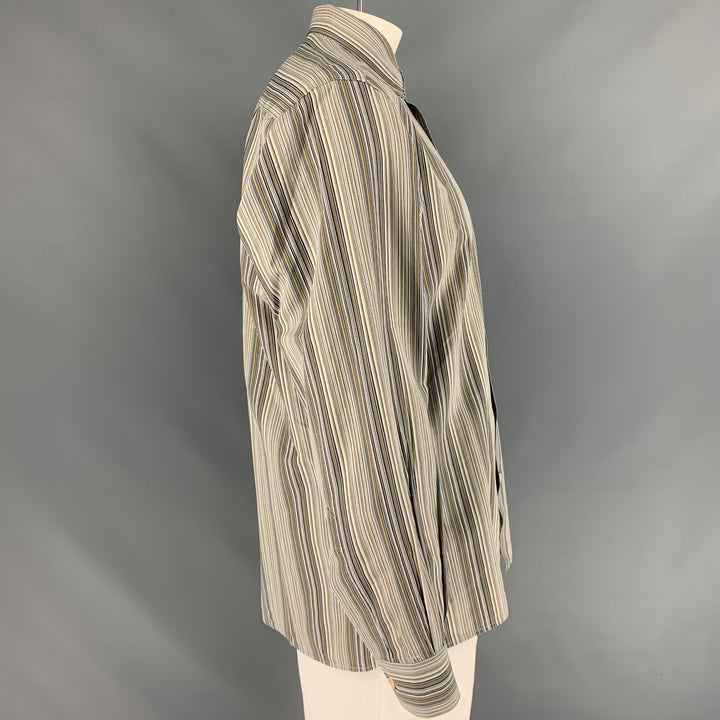 ERMENEGILDO ZEGNA Size L Taupe & Blue Stripe Cotton &  Silk Long Sleeve Shirt