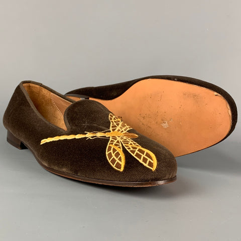 STUBBS & WOOTTON Size 10.5 Brown Dragonfly Motif Embroidery Velvet Slip On Loafers