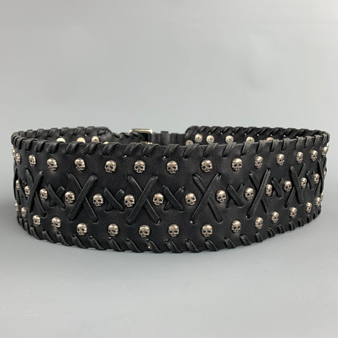 JOHN RICHMOND Waist Size S Skull Black Leather Double Buckle Belt