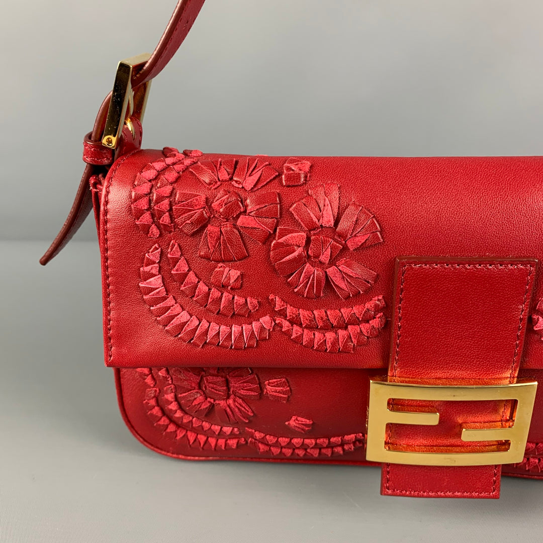 FENDI Red Floral Leather Baguette Shoulder Handbag