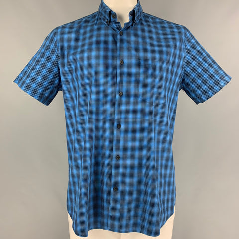 STEVEN ALAN Size L Blue Black Plaid Ottoman Button Down Short Sleeve Shirt