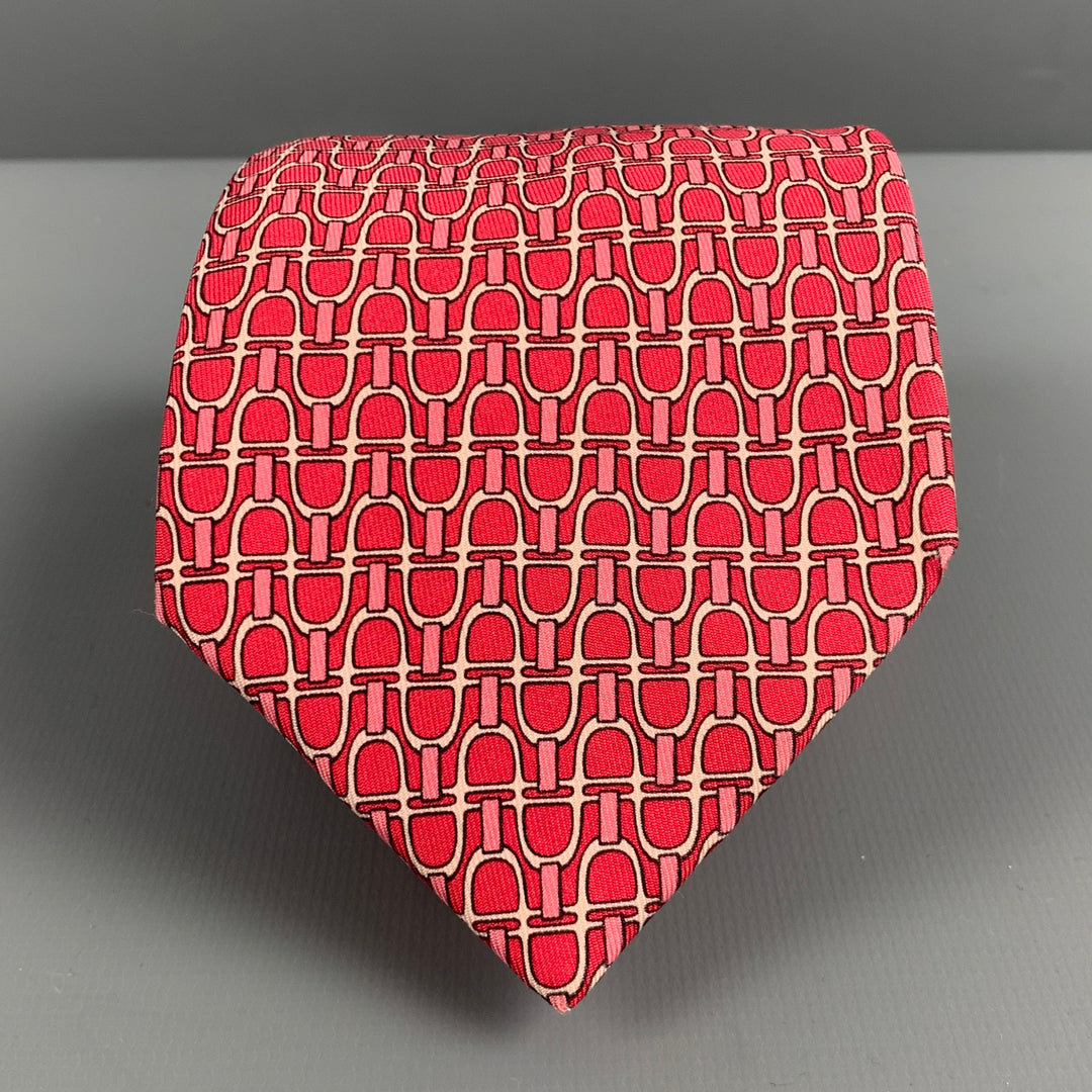 HERMES Pink White Equestrian Silk Tie