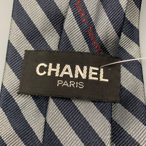 CHANEL Navy & Grey Stripe Silk Tie