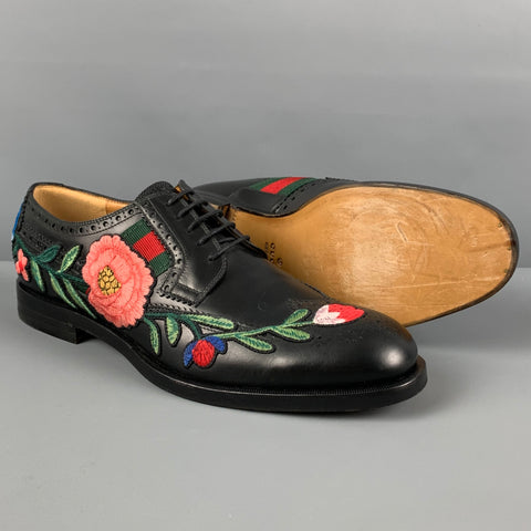 GUCCI Size 10.5 Black Applique Leather Wingtip Lace Up Shoes