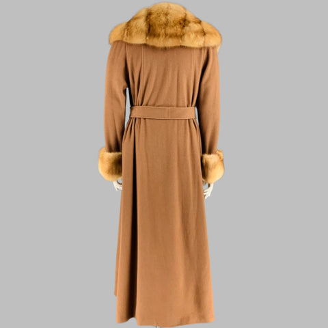 VINTAGE Size M Camel Cashmere Fur Belted Coat