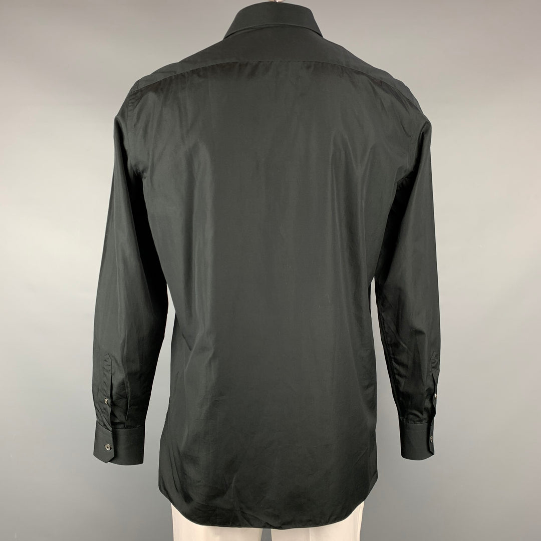LANVIN Size L Black & Navy Cotton Hidden Buttons Long Sleeve Shirt