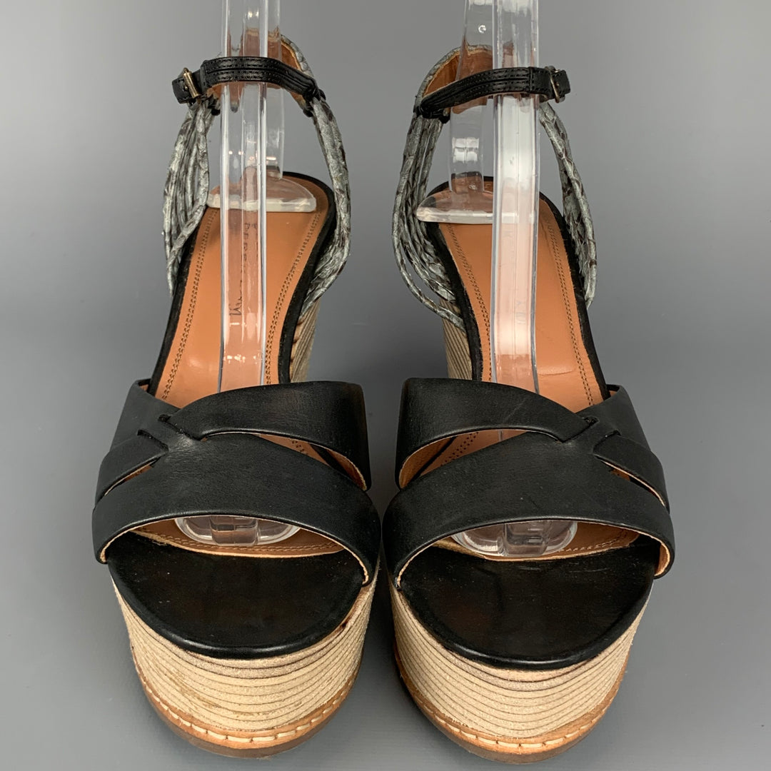 DEREK LAM Size 6 Black & Tan Leather Wood Wedge Sandals