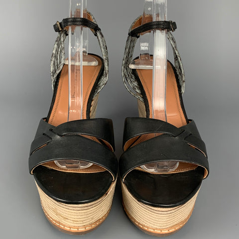 DEREK LAM Size 6 Black & Tan Leather Wood Wedge Sandals
