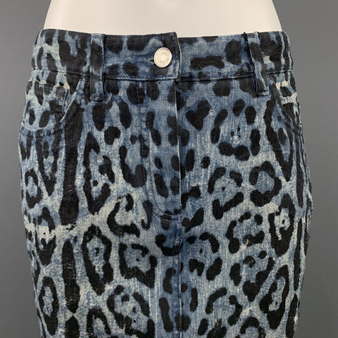 DOLCE & GABBANA Size 6 Blue Lepard Print Distressed Denim Pencil Skirt