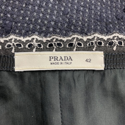 PRADA Size 6 Navy Cotton Blend Textured Tweed Lace Trime A Line Skirt