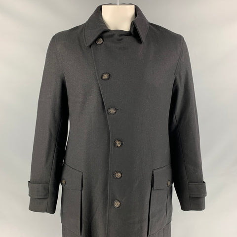 OLIVER SPENCER Size 44 Black Herringbone Wool Double Breasted Coat