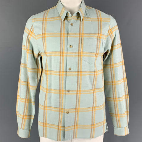 JOHN ELLIOTT Size L Powder Blue Yellow Brown Plaid Cotton Long Sleeve Shirt