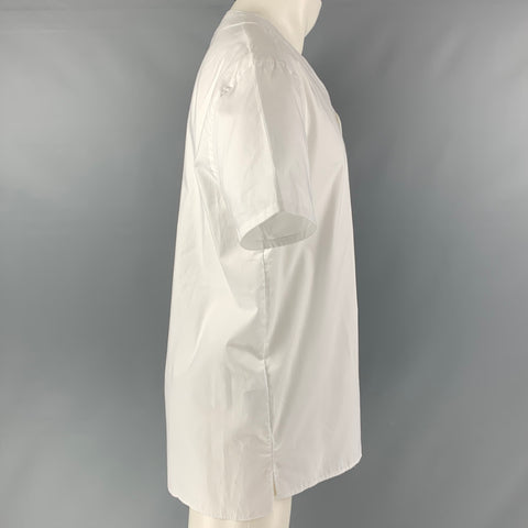 CHRISTIAN PELLIZZARI Size M White Solid Cotton Collarless Short Sleeve Shirt