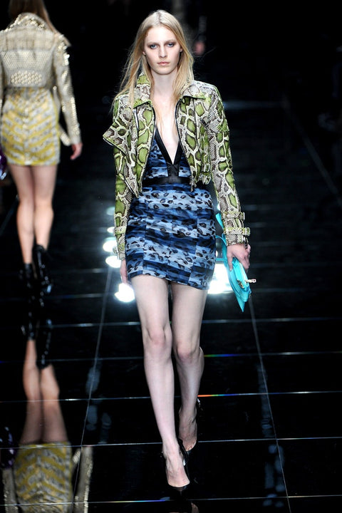 BURBERRY PRORSUM Spring 2011 Size 6 Blue Black Silk Camouflage Leather Knee-Length Dress