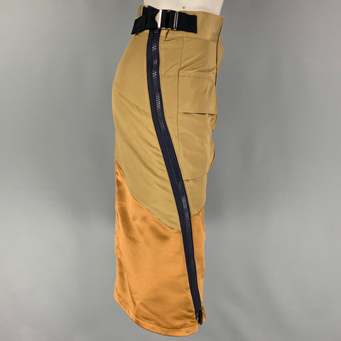 SACAI Taille 0 Kaki Or Coton Mélange Color Block Crayon Sous Le Genou Jupe