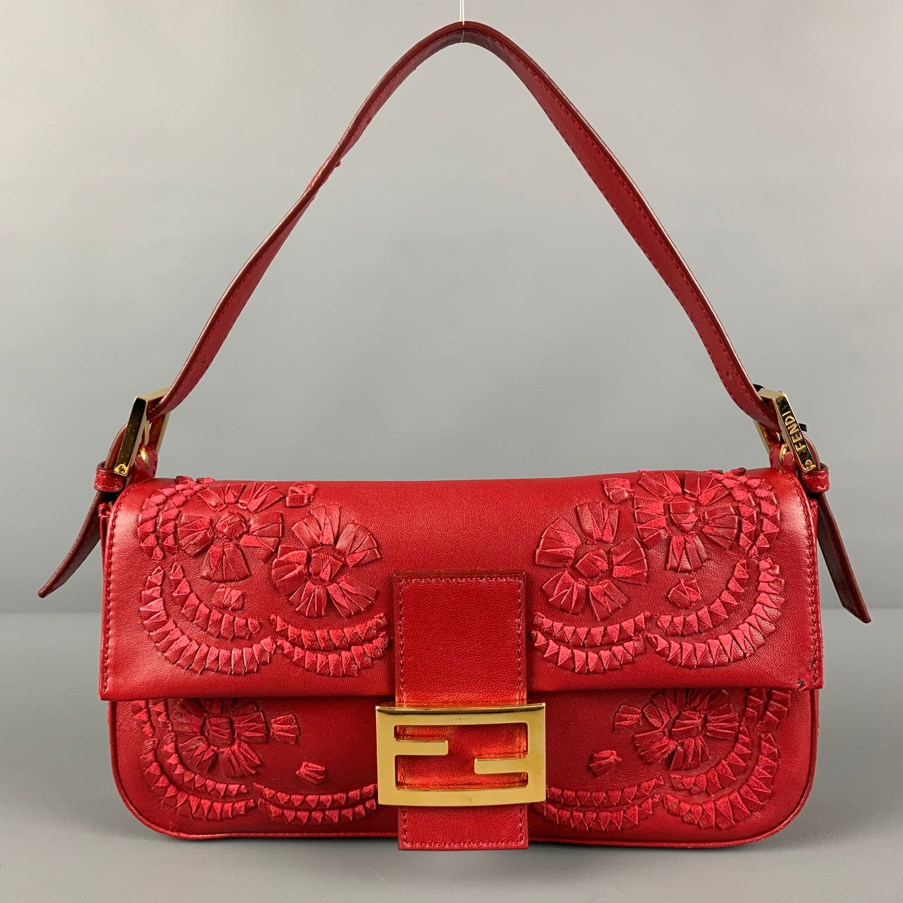 FENDI Red Floral Leather Baguette Shoulder Handbag