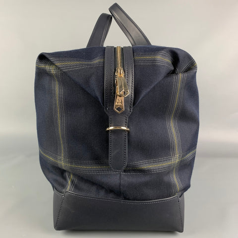PAUL SMITH Navy Gold Plaid Leather Trim Canvas Weekender Bag