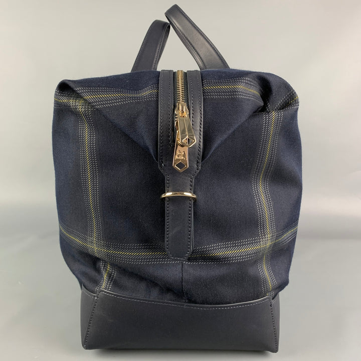 PAUL SMITH Navy Gold Plaid Leather Trim Canvas Weekender Bag