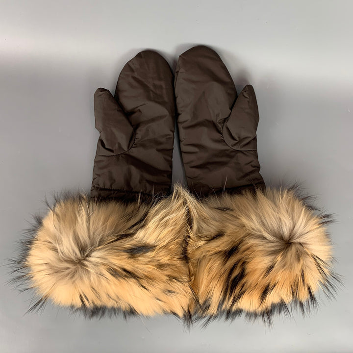 PRADA Brown & Beige Nylon Fox Fur Trim Gloves