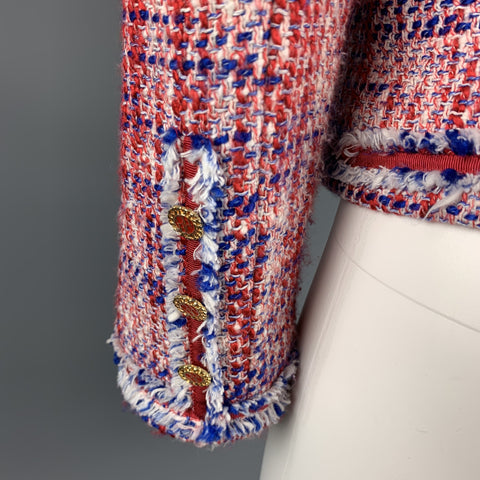 CAROLINA HERRERA Size 4 Red & Blue Boucle Cotton Blend Hook & Eye Jacket