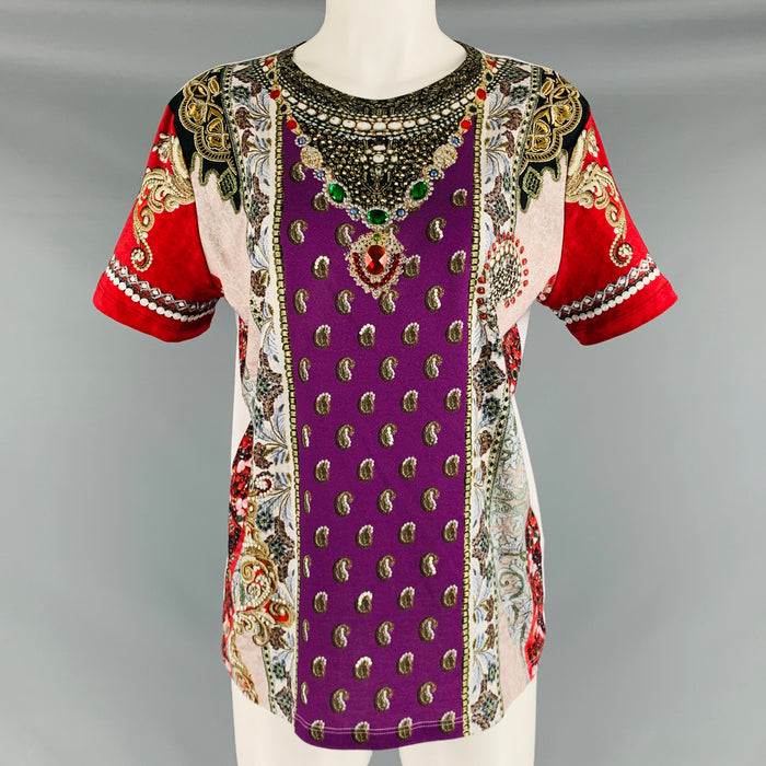 ETRO Size 4 White Multi-Color Cotton Rhinestones Short Sleeve Casual Top