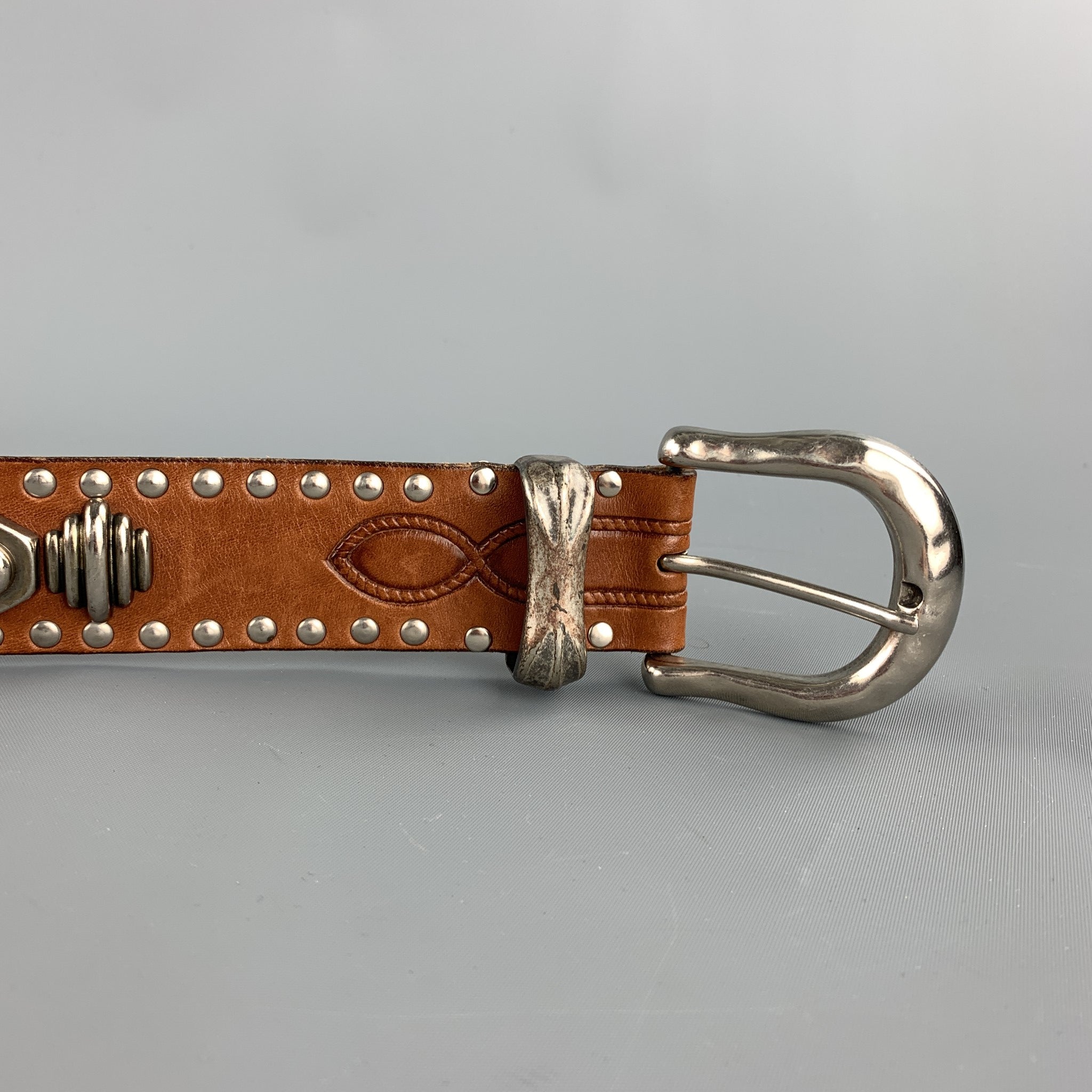 NANNI Size 36 Tan & Silver Studded Leather Metal Belt – Sui