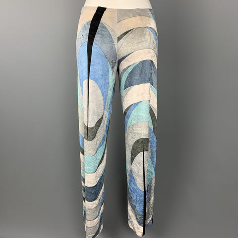 EMILIO PUCCI Size 6 Blue & Gray Print Velour Pants