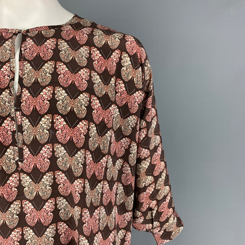 GUCCI Size L Brown Beige Butterfly Silk Dolman Sleeve Long Sleeve Shirt