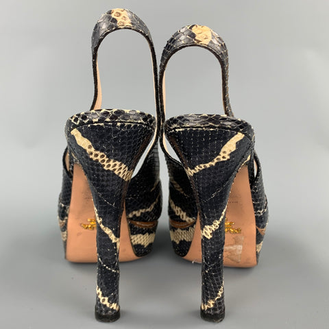 PRADA Size 8 Black & Beige Snake Skin Slingback Platform Sandals